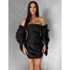 Černé koktejlové mini šaty TUVIANA s nabíranými rukávy (Veľkosť L)