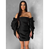Čierne kokteilové mini šaty TUVIANA s naberanými rukávmi (Veľkosť L)