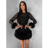 Čierne krajkové mini koktailové šaty VINDORA s tylovým volánom (Veľkosť M/L)
