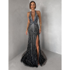 Čierne luxusné dlhé plesové trblietavé šaty ISOLANE (Veľkosť M)