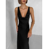 Čierne saténové dlhé šaty MIREVE s odhaleným chrbtom (Veľkosť ONESIZE)