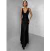 Čierne saténové dlhé šaty MIREVE s odhaleným chrbtom (Veľkosť ONESIZE)