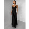 Čierne saténové dlhé šaty MIREVE s odhaleným chrbtom (Veľkosť ONESIZE)