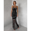 Čierne trblietavé dlhé šaty ORYNTHIA na ramienka (Veľkosť L)