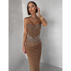 Hnedé nude trblietavé dlhé šaty XANDERA (Veľkosť L)