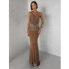 Hnedé nude trblietavé dlhé šaty XANDERA (Veľkosť L)