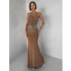 Hnedé nude trblietavé dlhé šaty XANDERA (Veľkosť L)