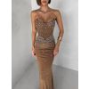 Hnědé nude třpytivé dlouhé šaty XANDERA (Veľkosť L)