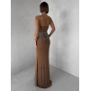 Hnedé nude trblietavé dlhé šaty XANDERA (Veľkosť L)