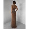 Hnědé nude třpytivé dlouhé šaty XANDERA (Veľkosť L)