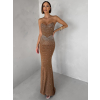 Hnedé nude trblietavé dlhé šaty XANDERA (Veľkosť L)