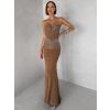 Hnědé nude třpytivé dlouhé šaty XANDERA (Veľkosť L)