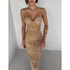 Hnedé trblietavé nude dlhé šaty ORYNTHIA s kamienkami (Veľkosť L)