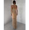 Hnedé trblietavé nude dlhé šaty ORYNTHIA s kamienkami (Veľkosť L)