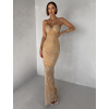 Hnedé trblietavé nude dlhé šaty ORYNTHIA s kamienkami (Veľkosť L)