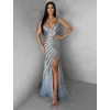 Stříbrné luxusní dlouhé třpytivé šaty MISTRALIS s rozparkem (Veľkosť L)