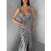 Stříbrné luxusní dlouhé třpytivé šaty MISTRALIS s rozparkem (Veľkosť L)