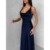 Tmavě modré saténové dlouhé šaty MIREVE s odhalenými zády (Veľkosť ONESIZE)