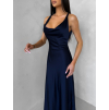 Tmavomodré saténové dlhé šaty MIREVE s odhaleným chrbtom (Veľkosť ONESIZE)