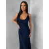 Tmavomodré saténové dlhé šaty MIREVE s odhaleným chrbtom (Veľkosť ONESIZE)