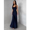 Tmavě modré saténové dlouhé šaty MIREVE s odhalenými zády (Veľkosť ONESIZE)