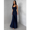 Tmavomodré saténové dlhé šaty MIREVE s odhaleným chrbtom (Veľkosť ONESIZE)