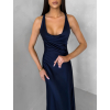 Tmavomodré saténové dlhé šaty MIREVE s odhaleným chrbtom (Veľkosť ONESIZE)