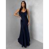 Tmavě modré saténové dlouhé šaty MIREVE s odhalenými zády (Veľkosť ONESIZE)