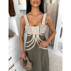 Khaki dlouhé boho šaty HESPERIA na ramínka (Veľkosť M/L)