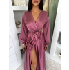 Malinové saténové elegantní šaty WOMAN s dlouhým rukávem (Veľkosť ONESIZE)