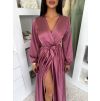 Malinové saténové elegantní šaty WOMAN s dlouhým rukávem (Veľkosť ONESIZE)