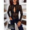 Čierne elegantné krajkové body MARIELA s dlhým rukávom (Veľkosť M/L)