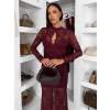 Vínové elegantné krajkové šaty KELORA s dlhým rukávom (Veľkosť M/L)