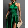 Zelené dlhé elegantné lesklé šaty TARRISA s rázporkom