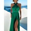 Zelené dlhé elegantné lesklé šaty TARRISA s rázporkom