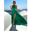 Zelené dlhé elegantné lesklé šaty TARRISA s rázporkom