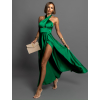 Zelené dlhé elegantné lesklé šaty TARRISA s rázporkom