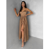 Hnedé lesklé elegantné šaty YASMINE s rázporkom