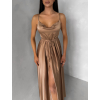 Hnedé lesklé elegantné šaty YASMINE s rázporkom