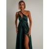 Smaragdové lesklé šaty VALERDI s variabilným viazaním a rázporkom