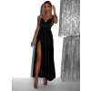 Čierne lesklé elegantné šaty YASMINE s rázporkom
