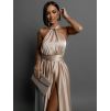Béžové lesklé šaty VALERDI s variabilním vázáním a rozparkem (Veľkosť ONESIZE)