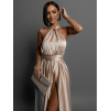 Béžové lesklé šaty VALERDI s variabilným viazaním a rázporkom