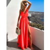 Koralové lesklé dlhé plesové šaty CHRYSANTHE