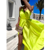 Neón zelené lesklé dlhé plesové šaty CHRYSANTHE