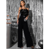 Čierny elegantný overal TARTAROS s aplikáciou peria