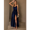 Tmavomodré dlhé elegantné šaty YASMINE s rázporkom