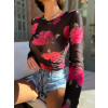Černorůžový květinový elegantní top NAZOR s dlouhým rukávem (Veľkosť M/L)