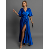 Kráľovsky modré saténové dlhé šaty GO HOME s krátkym rukávom