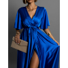 Kráľovsky modré saténové dlhé šaty GO HOME s krátkym rukávom